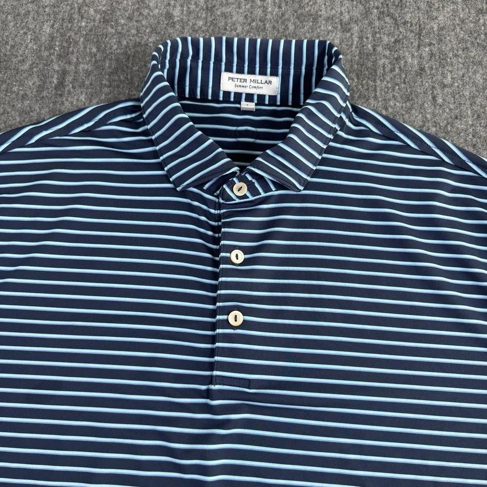 Peter Millar Summer Comfort Men's L Polo Shirt Blue Stripe Stretch Golf